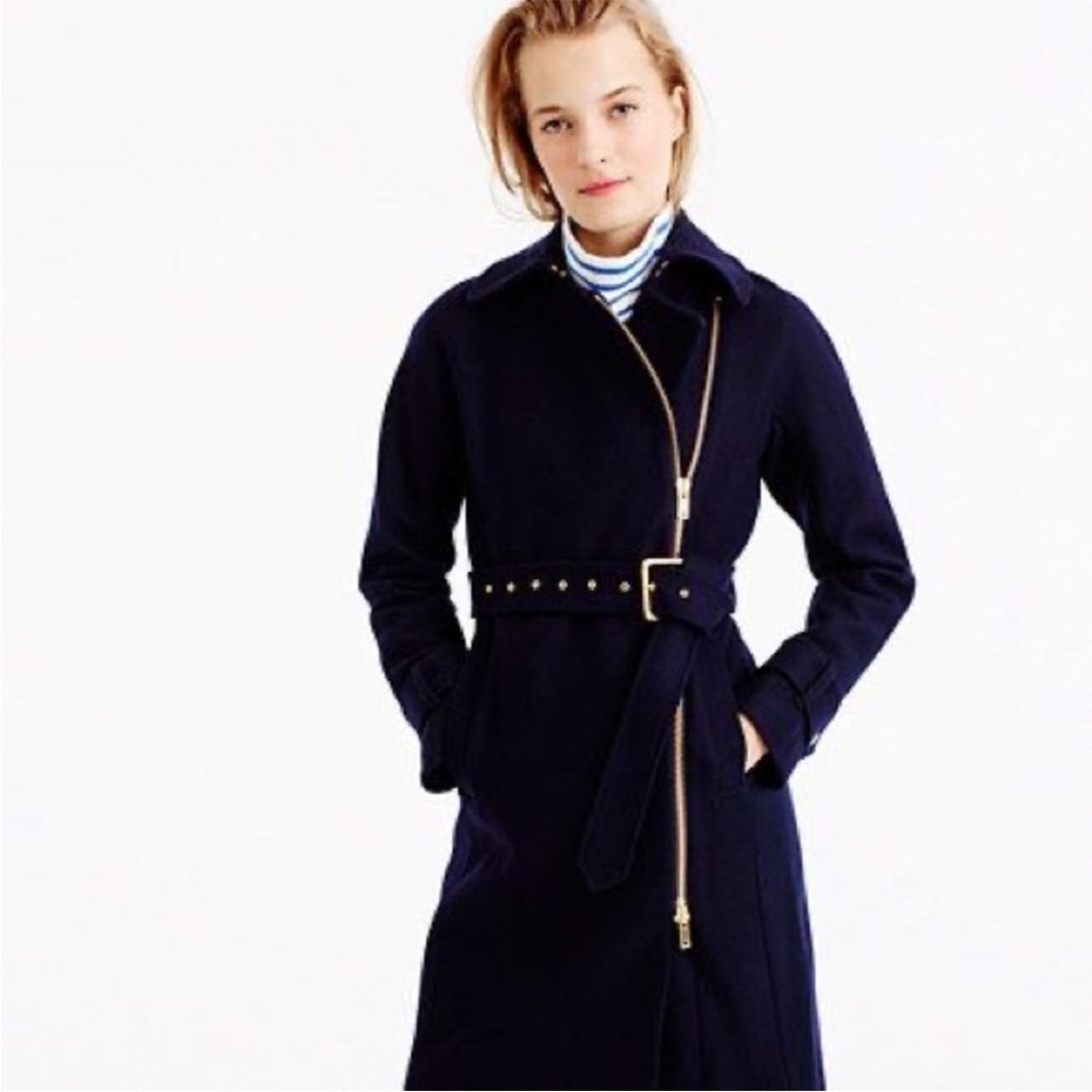 NWT J Crew Belted Zip Trench Coat Wool Melton Outerwear $398 - Navy Blue - 6